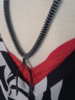 Hematite Beaded Necklace w/ Black Wishbone Pendant & Leather - Unisex